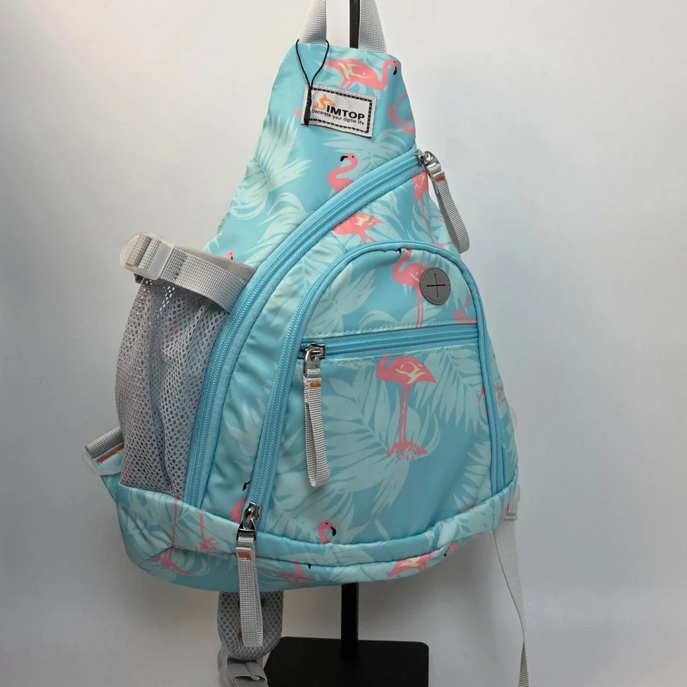 Simtop Flamingo Tropical Print‎ Sling Backpack Blue Crossbody Travel Bag Used